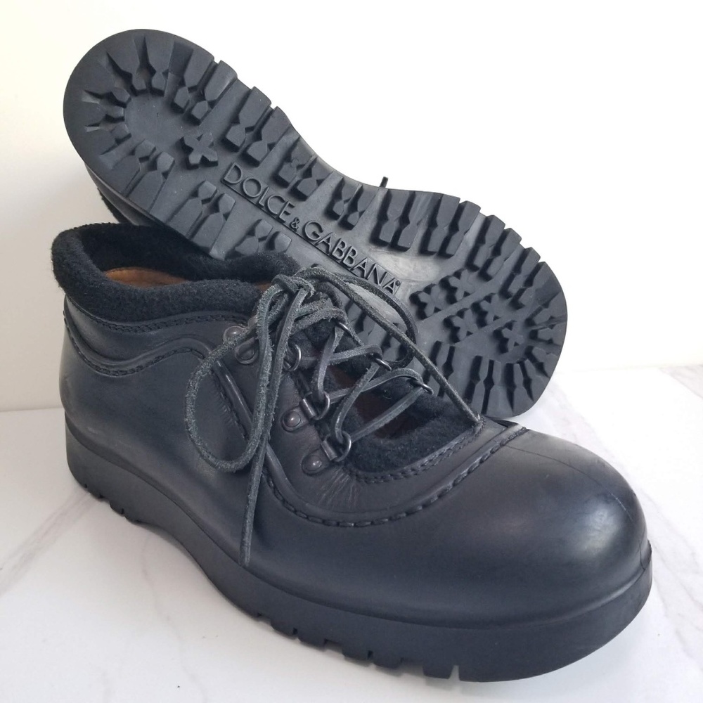 DOLCE & GABBANA Hiking Boots Black Rubber Leather No Tongue Felt Trim Shoes